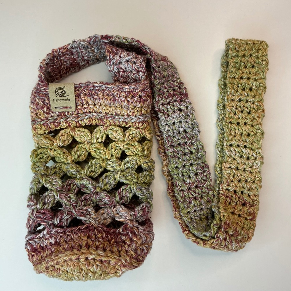 Handmade Multi Crochet Water Bottle Holder Unisex OS Crossbody Boho Sling - Picture 3 of 17